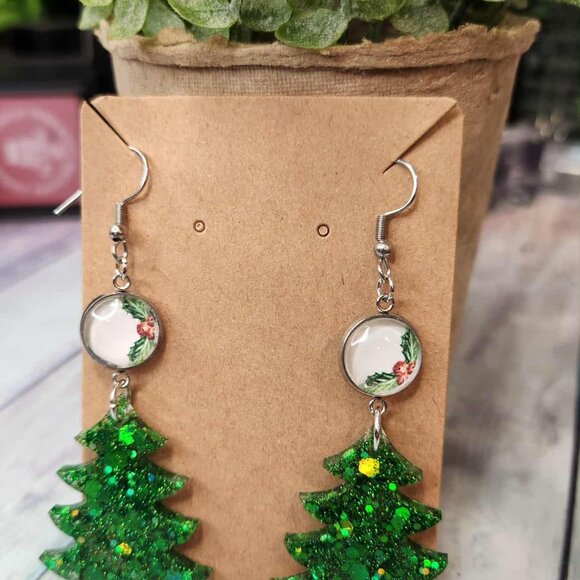 Glitter Christmas Tree Earrings | Resin Dangle Earrings with Color Street Caboch - Picture 7 of 7